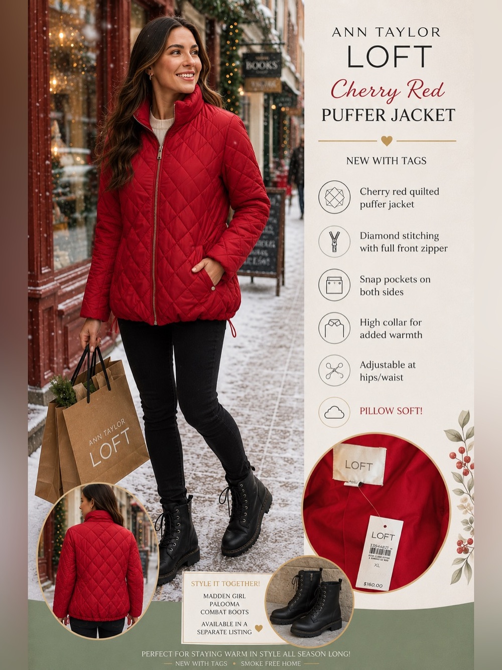 Ann Taylor LOFT Quilted Red Puffer Jacket Size XL NWT